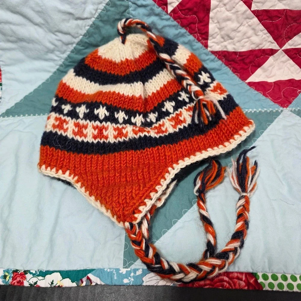 Earth‎ Ragz Knit Wool Chullo Earflap Hat Orange Navy White Fair Isle Nepal